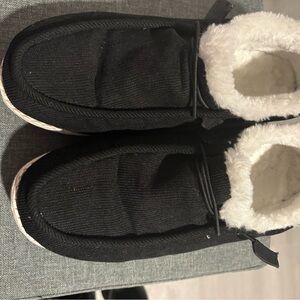 Cozy Black Corduroy and White fluffy Slip-On Shoes with white foam feel sole